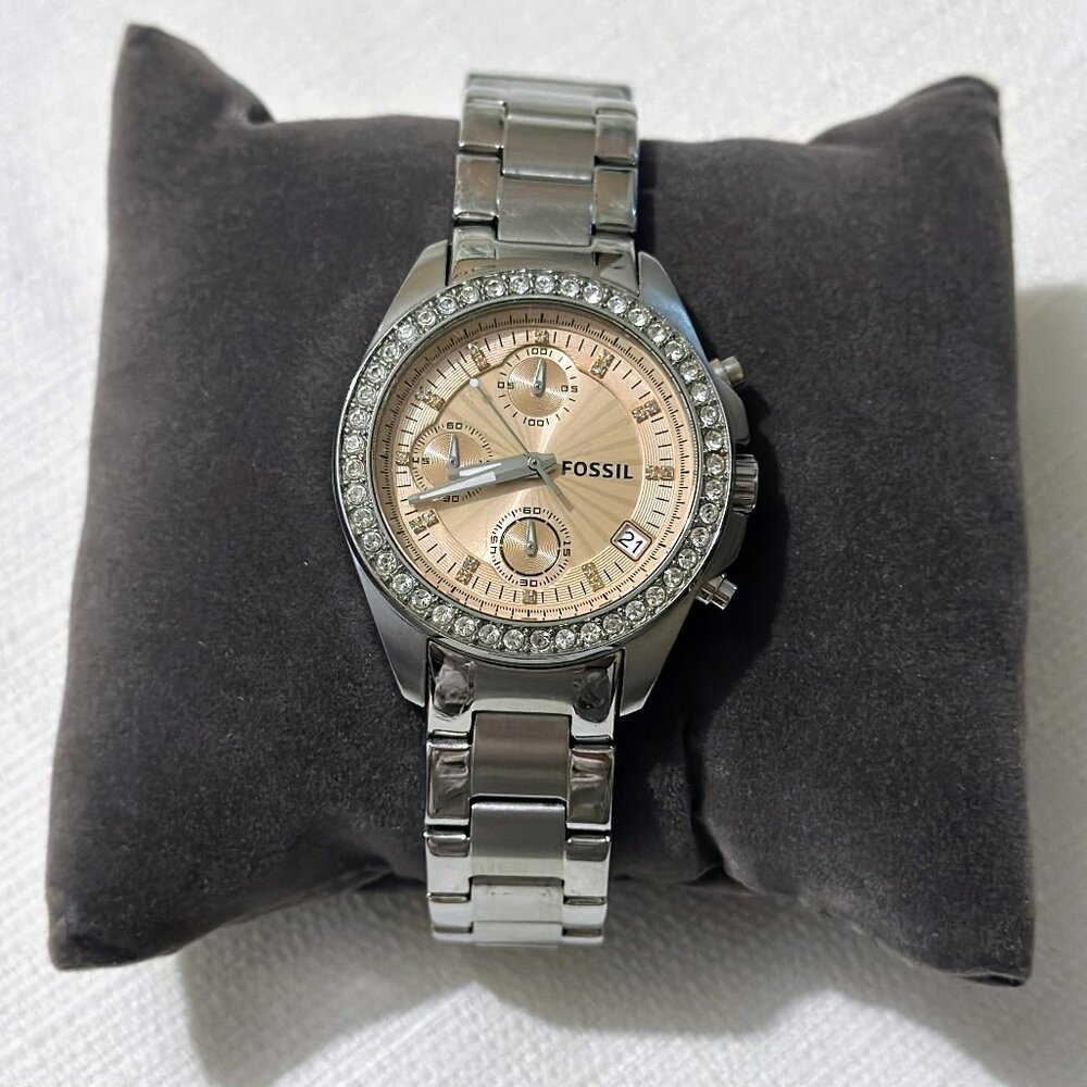 Fossil Decker Stainless Steel Women's Watch Silver Light Pink Crystal Bezel